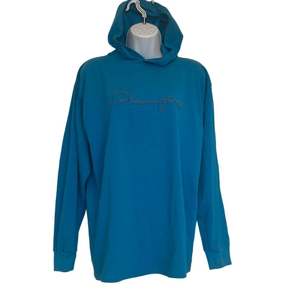 Champion Medium Blue Vtg Embroidered Logo Long Sleeve Hoodie Sweatshirt Active